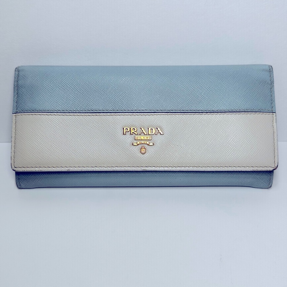Authentic PRADA Large Saffiano Bicolor Leather Wallet-Blue/White